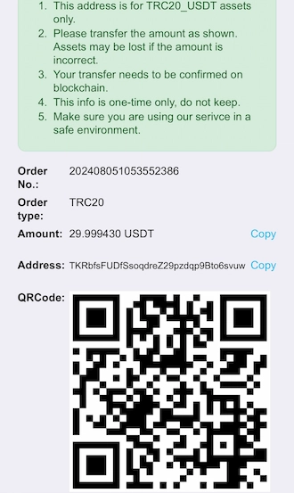 Step 3: Then open the cryptocurrency wallet to scan the QR code and pay.