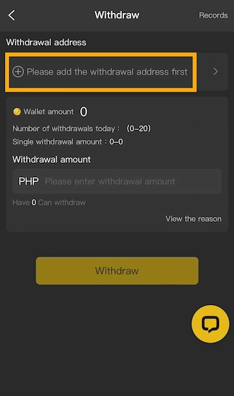 Step 1: select add withdrawal address.